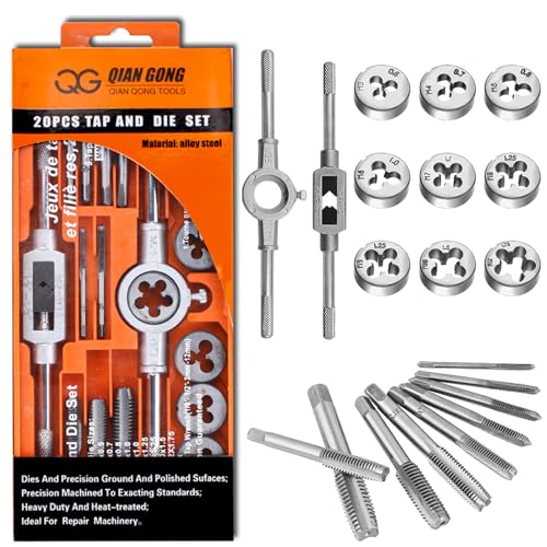 20PCS Tap and Die Set Alloy Steel Metric Tap and Die Kit M3-M12 Tapping Drill Threading Kit with Taps Wrench Accessories for Repair External and Internal Thread