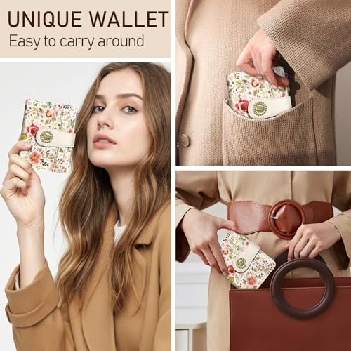 Image of Kelvoris Red Flower Floral Small Rfid Women Wallet Bifold Zipper Coin Pocket PU Leather Compact Cash Credit Card Holder Travel Wallet for Female Ladies Teen Girls 1 ID Window 10 Card Slots