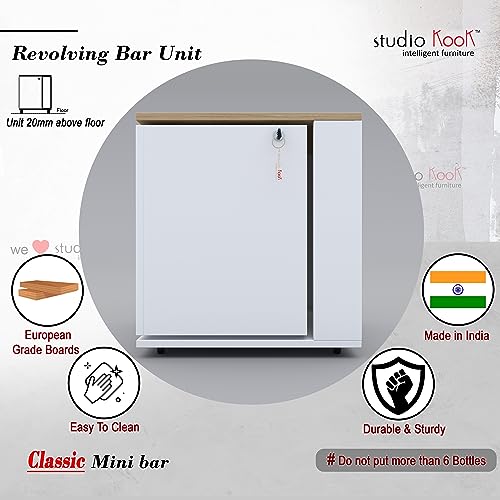 Image of Studio Kook Classic Mini Bar - 360 Revolving Wooden Home Bar Cabinet with Lock, Stainless Steel Glass Holder, Delivered Preassembled (White)
