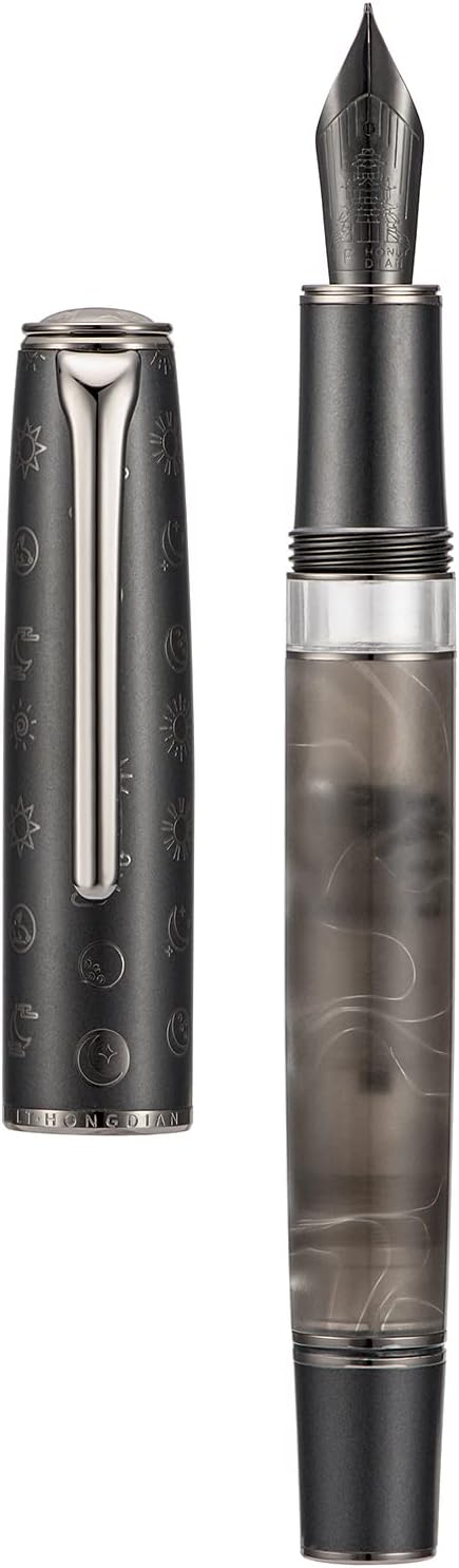 Hongdian N7 Gray Resin Piston Fountain Pen with Iridium Fine Nib, Classic Pen with Labbot on Cap Top, Smooth Writing Pen with Metal Box