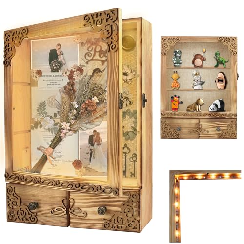 KWYADLUO Marco de caja de sombra de 11 x 16 pulgadas, caja de sombra grande con luz y cajón, caja de sombra profunda con estantes y ranura, caja de madera acrílica de carga superior, caja de sombra de