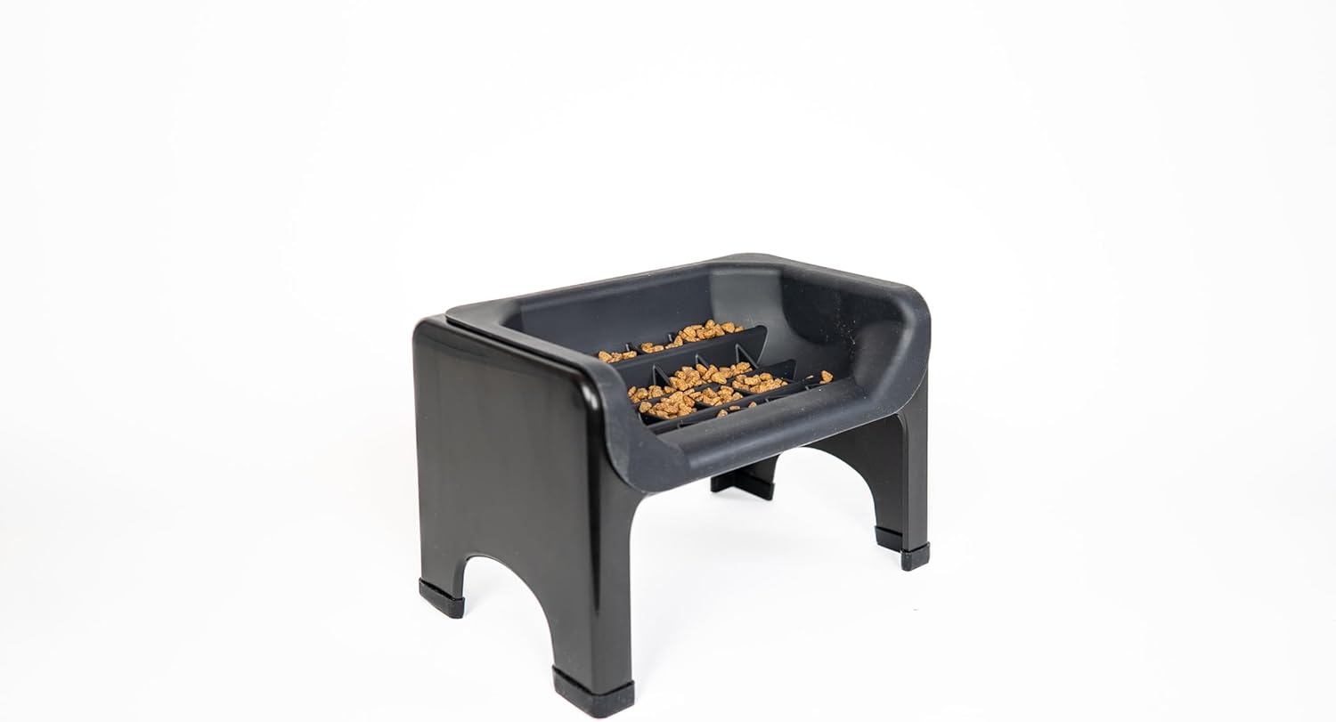 The Fluff Trough Elevated Slow Feeder Dog Bowl - Prevents Fast Eaters from Binging & Choking on Food, Minimizes Neck Strain, Suitable for Flat-Faced Pets, Vet Recommended, Dishwasher Safe, Black