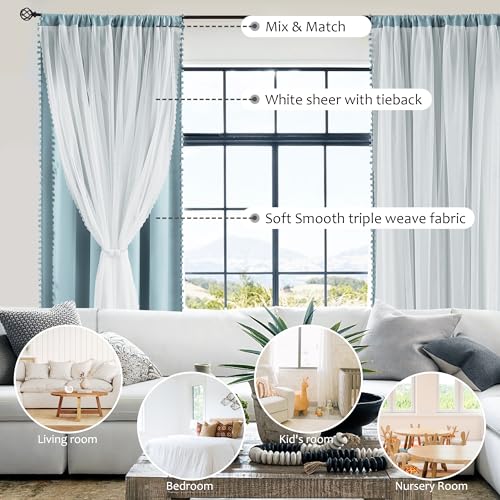 Image of Pom Pom Blackout Curtains with Sheer Overlay for Living Room Bedroom, Kid's Room, Blue Mix and Match Double Layer Window Curtains Rod Pocket Thermal Insulated Curtains with Tiebacks, 2pcs, 52x84, Blue
