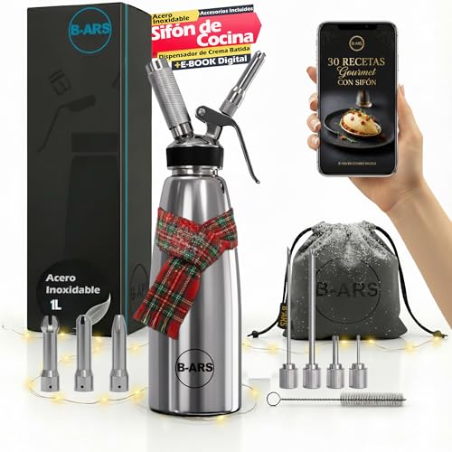 Imagen de B-ARS Dispensador Crema Batida Profesional Acero Inoxidable 1L Incluye Boquillas Decorativas Cepillo Limpieza Ebook Recetas Cocina Espumas Postres Fáciles y Creativos Sifon de Cocina Profesional