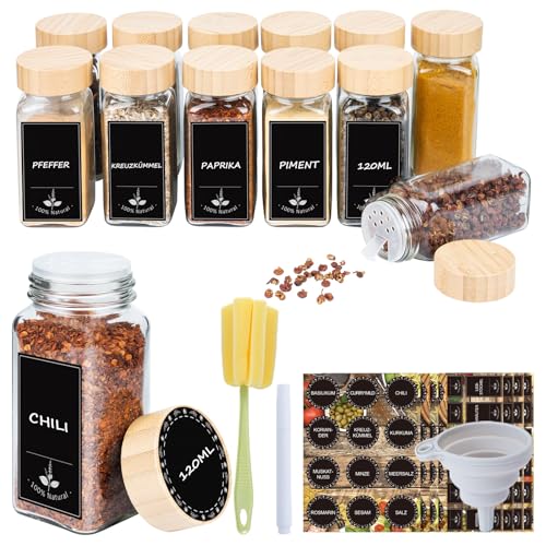 Gewürzgläser Eckig 12er Set 120ml, Gewürzdosen mit Streueinsatz, luftdichtem Schraubdeckel, Inkl. Trichter, Etiketten, Marker & Reinigungsbürste, Gewürzbehälter Glas für Küche & Schublade, HolzDeckel