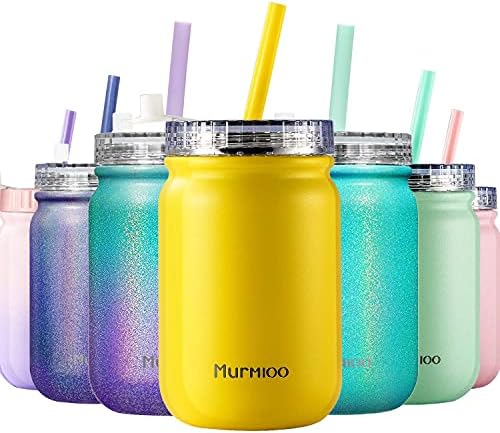 Murmioo Stainless Steel Cup with Straw,Smoothie Bottle,Iced Coffee Cup,Travel Mug and Screw Sealed lid-for,Double Wall Vacuum Food Jar, Insulated Mug, 14oz