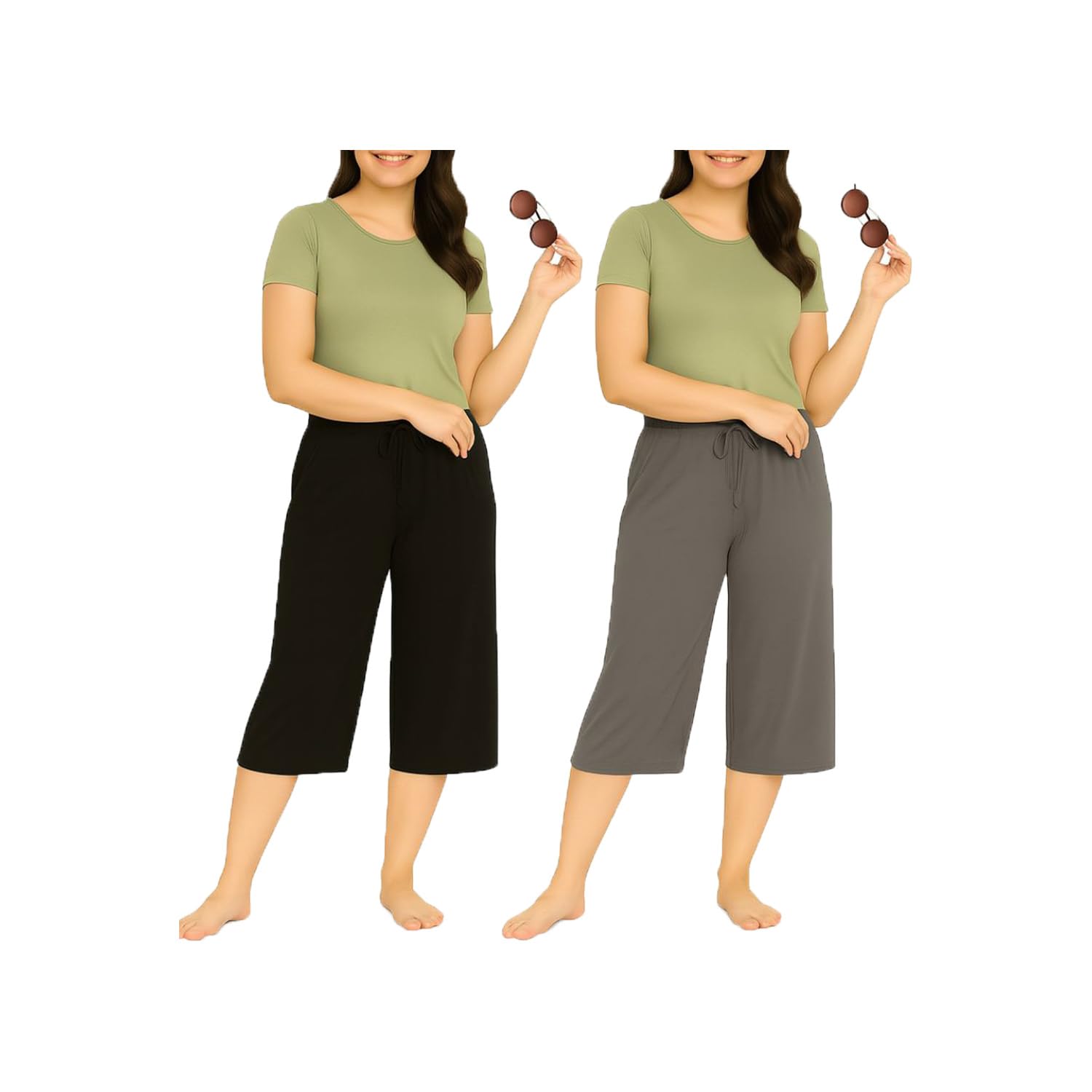 brand flex Women's Mid Waisted Capri Pants Casual Wide Leg Yoga Pants Loose Soft Pajama Pant for Girls 2Pack-picture-27