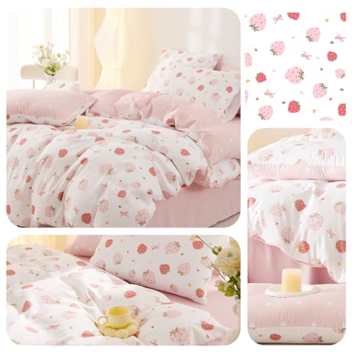Image of Girls Duvet Cover Set Twin Size Pink White Strawberry and Heart Pattern Reversible Bedding Set Cartoon Cute Style,Soft Microfiber Comforter Cover with Zipper Closure and 1 Pillowcase