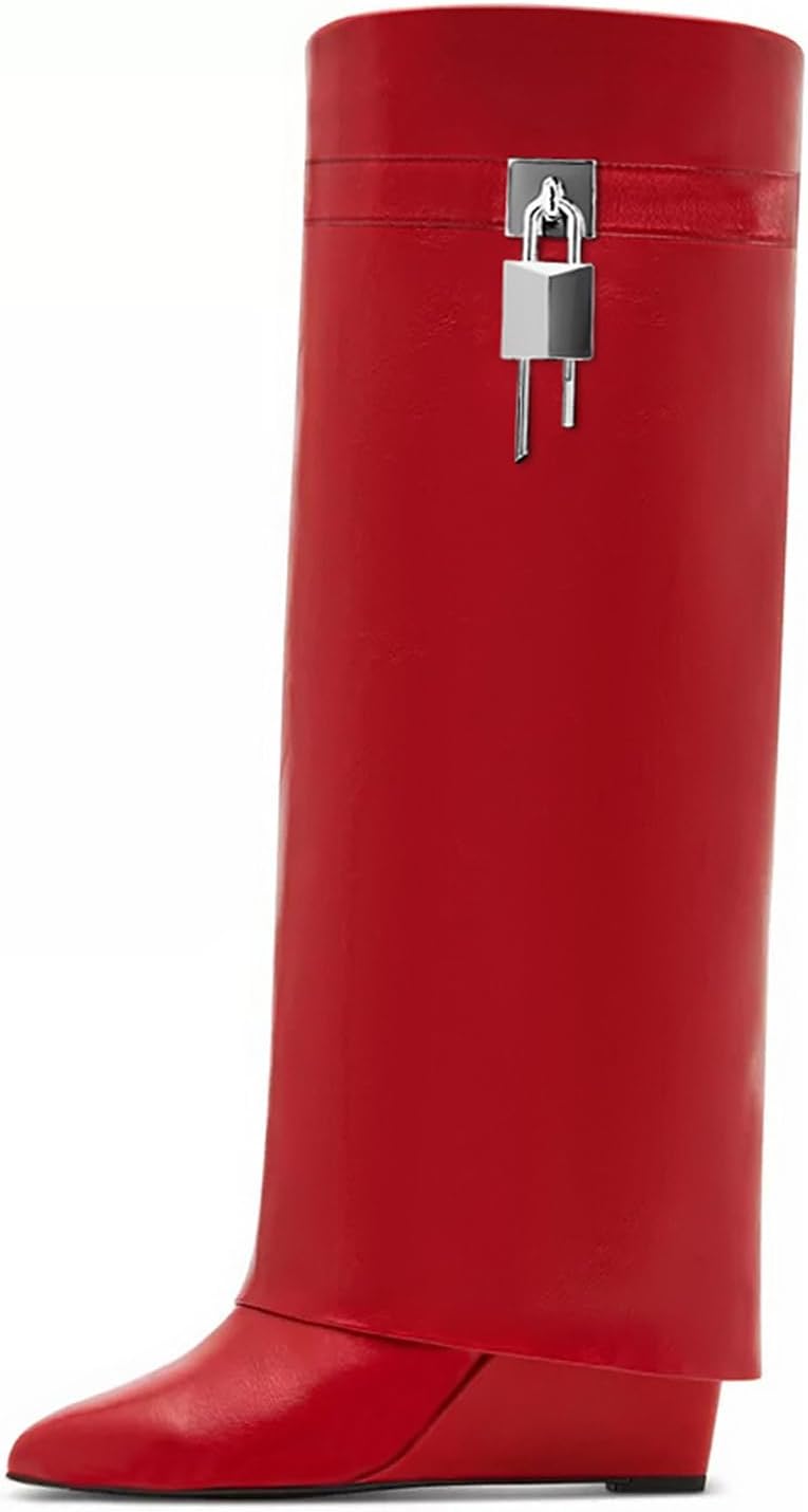 Fold over Boots for Women Knee High Black Boots Pointed Toe Wedge Heel Wide Calf Faux Leather Shark Boot with Padlock