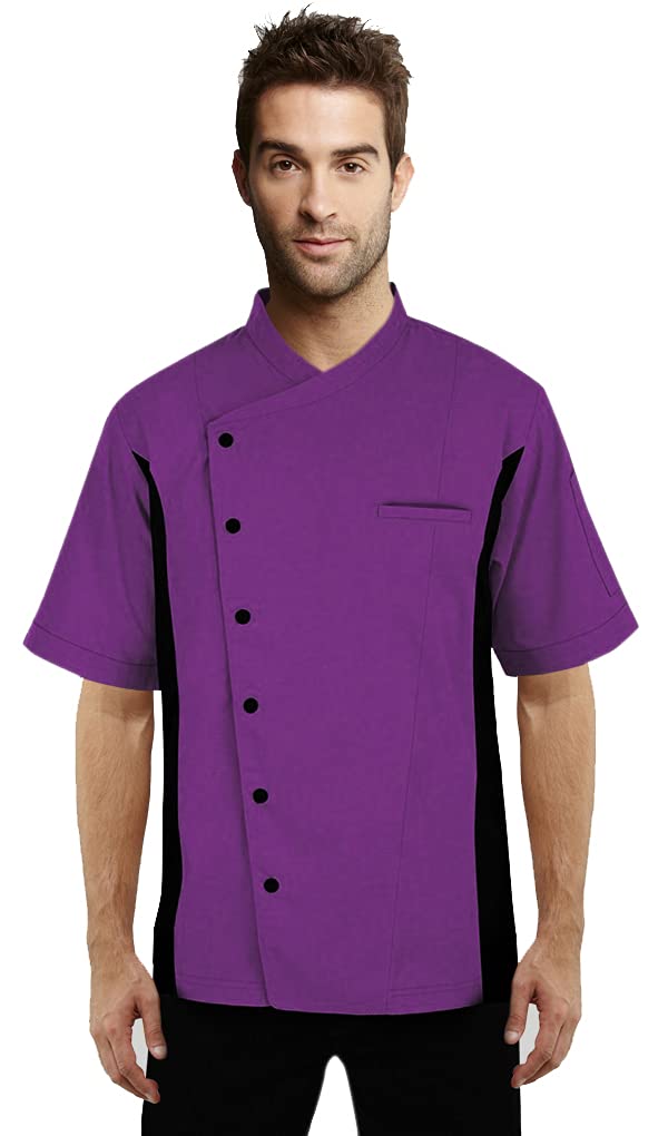 Short Sleeves side Mesh Vented Chef Coat Jacket Uniform Unisex for Food Service, Caterers, Bakers and Culinary Professional (Violet, Large)