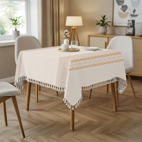 Image of Urban Space 100% Cotton Square Dining Table Cover, Printed Anti Skid Table Cloth for Dining /Center Table, for Upto 4 ft x 4 ft Table (Size - 48 inch x 48 inch - Square, G Border Taupe)