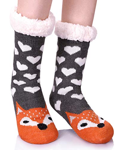 AOXION Women's Soft Warm Cute Animal Fuzzy Fleece Lining Knitting Non-Slip Winter Slipper Socks Fox