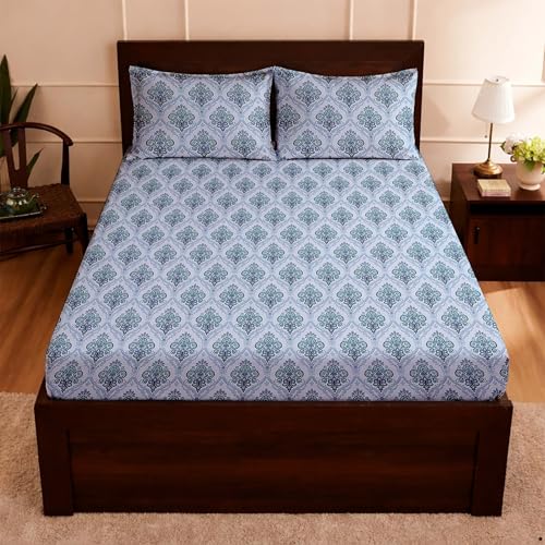 Image of Raymond Bedsheet 100% Cotton Feel Bedsheets 200 TC for Double Bed King Size (108 x108 Inch) with 2 Large Size Pillow Covers | Soft and Breathable | Wrinkle-Free | Premium Printed Design Royal Blue
