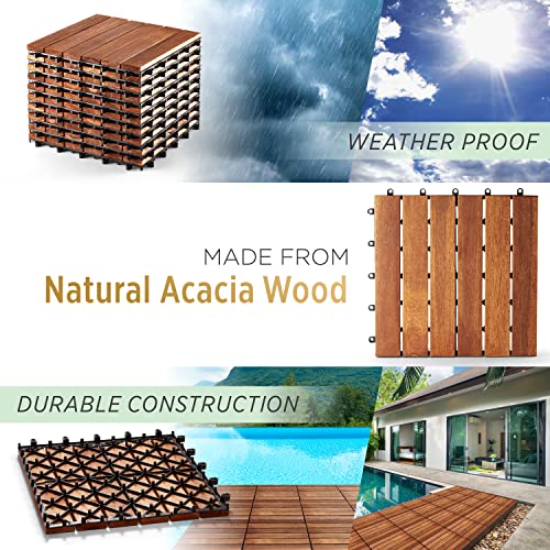Interlocking Deck Tile (Pack Of 10, 12"X12") Acacia Hardwood Deck Tile, Interlocking Patio Tile In Solid Acacia Wooden Oiled Finish Waterproof All Weather Perfect For Indoor Outdoor(Golden Teak Color) #TOP2