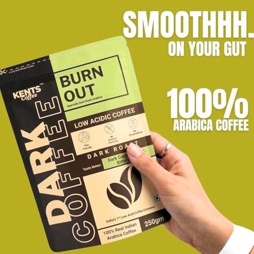 Image of Kents Coffee Burn Out - Dark Roast Coffee | LOW ACIDIC COFFEE | Medium Fine Grind | For Mokapot, Drip Machine, V60, South Indian Filter, Pour Over | Taste like Bold, Smoky & Bittersweet | 100% Arabica Beans | Dark Roast Honey Sun Dried | Speciality Coffee | French Roast 200gm