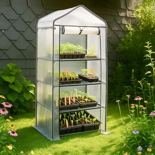 Gegaden Foliengewächshaus mit 4 Etagen, Gewächshaus für Balkon Gewächshaus klein, Tomatengewächshaus, Garten Anzuchthaus, Anzuchtregal Greenhouse...