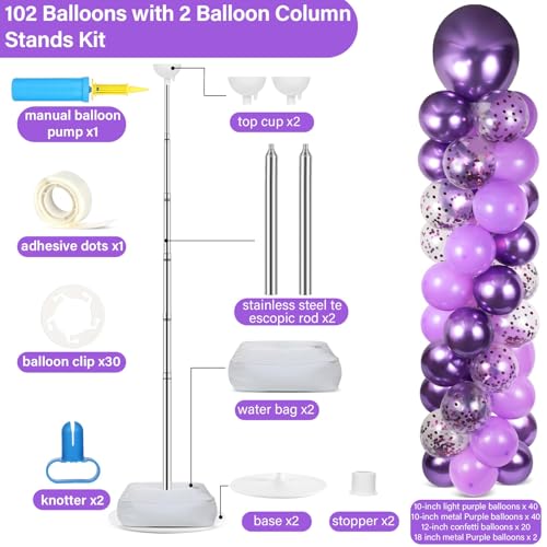 Image of 2 Sets Purple Balloon Column Stand Kit with 100 Balloons Lavender Adjustable Balloon Tower Stand with Bases for Floor Purple Confetti Balloon Column Kit for Christmas Birthday Holiday New Year