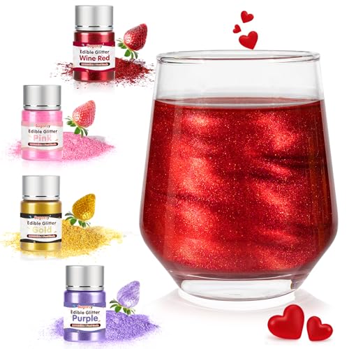4 Colors Edible Glitter Set (8g/Bottle),Gold Red Purple and Pink Powder,Food Grade Shimmer Dust for Drinks & Baking,Vegan & Gluten-Free,Perfect for Valentine's Day,Galentine's Day,Easter,Birthday,Holidays Party,Cocktails,Wine,Cakes,Cupcakes,Strawberries Decorating