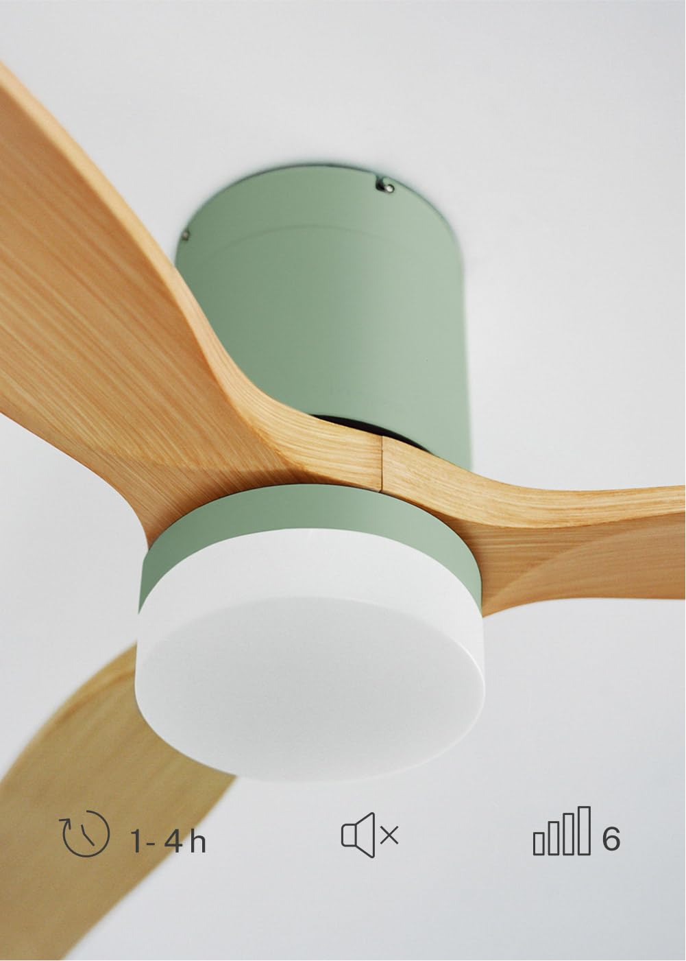 CREATE / WINDCALM M/Ventilatore da soffitto ABS con luce verde sage pale effetto legno chiaro e telecomando / 40W, Silenzioso, Ø132 cm, 3 temperature di luce, temporizzatore, funzione estate-inverno