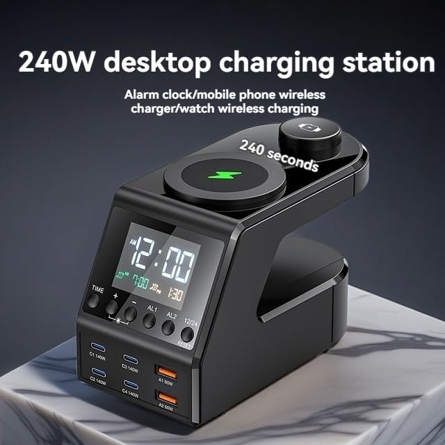 Estación de carga de escritorio multifuncional de pantalla digital de 240 W con 6 puertos USB y cargador inalámbrico de carga rápida PD de 140 W