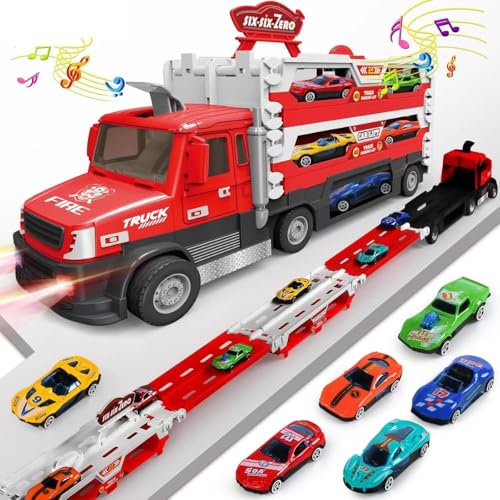 Image of Big Hauler Storage & Deform Truck Toy with 55 inch 2 Ejection Race Track & 6 Cars- Catapult Truck with LED Light & Music for Kids (Red)