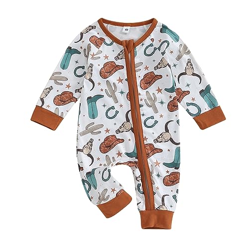 Image of SAYOO Western Baby Cowboy Clothes Neutral Zipped Fall Romper Outfit for Boy Girl Infant Lapel Cow Print One-piece Jumpsuit
