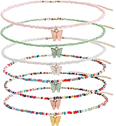 JBINNG Lot de 6 colliers ras du cou de perles pour femme, perles de plage d'été, style bohème, jolies perles colorées avec collier papillon, multicolore, taille unique, multicolore, taille unique Cover