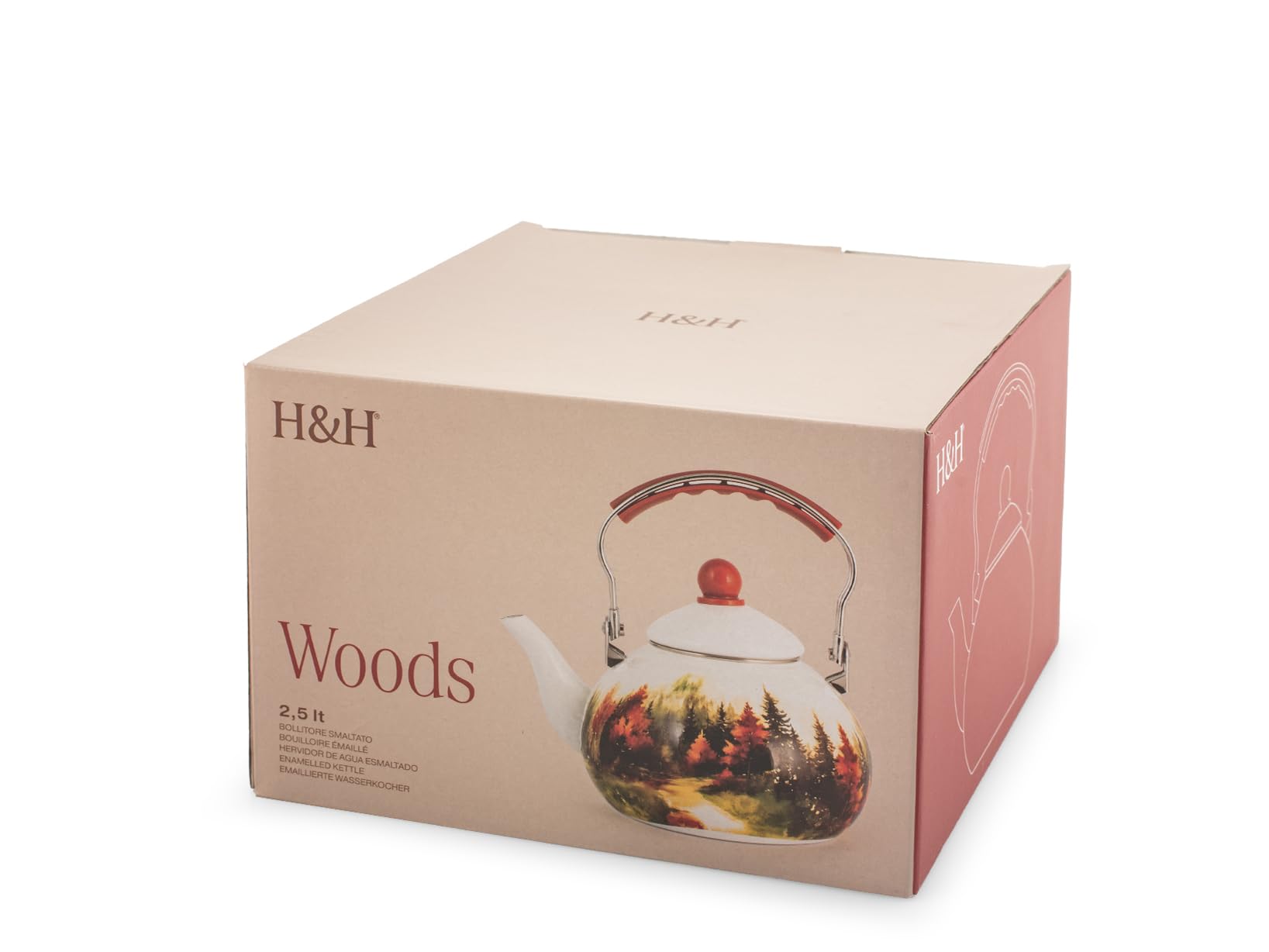 H&H, Bollitore Woods in Smalto Decorato – Capacità 2,5 Litri, Design con Boschi Autunnali, Adatto a Tutti i Piani Cottura Inclusi Induzione
