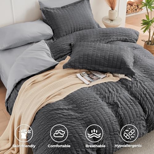 Image of HYMOKEGE Dark Grey /Light Grey King Size Comforter Set Seersucker 7 Pieces, All Season Luxury Bed in a Bag for Bedroom, Bedding Set with Comforter, Sheets, Pillowcases & Shams