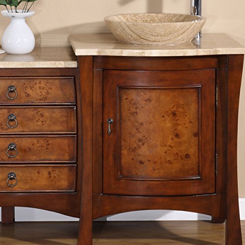 Silkroad Exclusive Travertine Stone Top Modern Double Sink Vessel Bathroom Vanity, 72", Medium Wood #TOP4