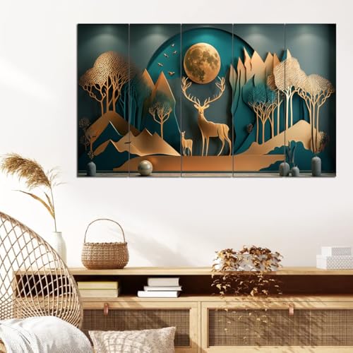 Image of Maxstone Goldan Deer Wall Painting Vastu for Home,Natural Living Room,bedroom,Office Wall Painting Multiple Panals Large Wall Art M1385
