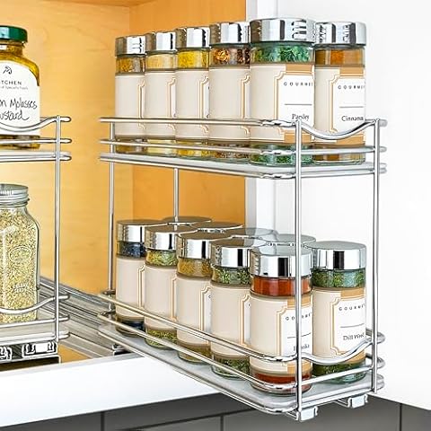 LYNK PROFESSIONAL® Pull Out Spice Rack Organizer for Inside Kitchen Cabinets - 4-1/4 inch Wide - Slide Out Drawer – Chrome Sliding Spice Cabinet Organization Shelf Racks - 2 Tier Cover