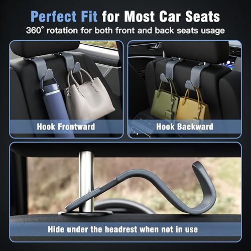Image of 4-Pack Car Headrest Hooks Holds 55lbs Seat Storage Organizer for Bags | Durable ABS Material, 360 Rotating, Car Hanger for Backpack Umbrella Water Bottle Coat Purses Handbags Groceries, Grey