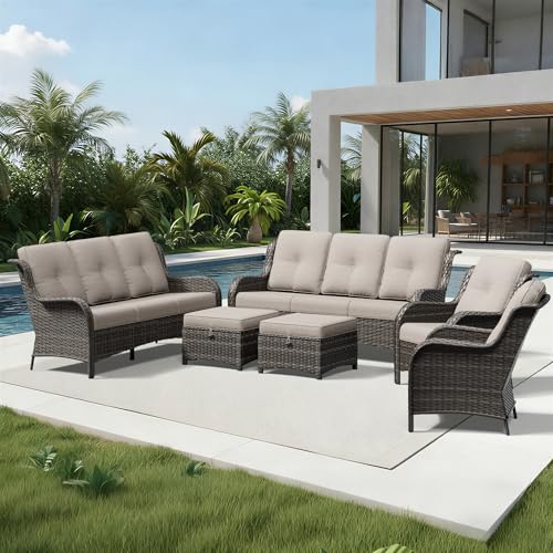 Image of Joyside 6 Piece Wicker Patio Furniture Set, Rattan Patio Chairs with High Back, Deep Seating, Wide Armrest, Thickened Cushions, Outdoor Furniture for Deck, Porch Use