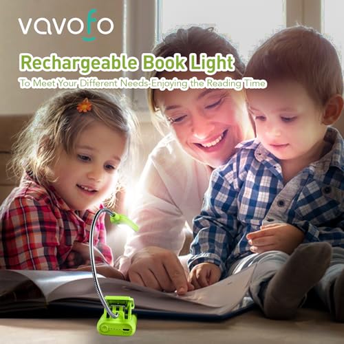 Image of VAVOFO Rechargeable Book Light for Reading in Bed Kids, 7 LED Reading Light with 9-Level Warm Cool White Daylight, Eye Care Lamp with Power Indicator for Bookworms (Neon Green)