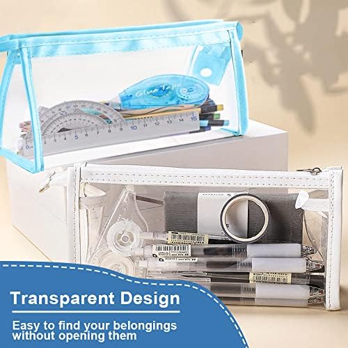 CAEEKER 4 PCS Clear Pencil Case Waterproof PVC Pencil Bags Transparent Exam Pencil Case Pouch See Through Plastic Pencil Cases with Zipper for Pen Stationary Cosmetics Storage, Black White Blue Pink