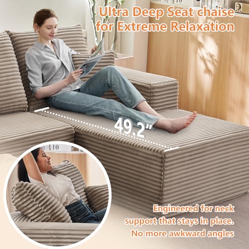 Image of 96 inch Modular Sectional Sofa, Modern Corduroy Cloud Couch with Deep Seat, Boneless Couch Upholstered 3-Seater L-Shaped Sofa for Living Room, No Assembly Required (Camel, Right-Facing Chaise)