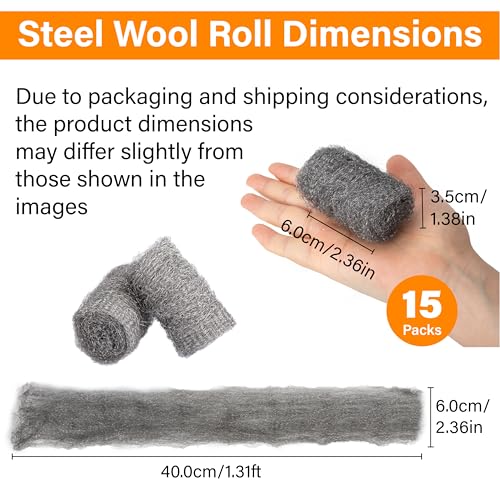 Image of Alabrocon Bulk Steel Wool Roll Kit, Steel Wool 0000 15PCS, 15 Pack x 1.6FT | Gap Blocker, 0000 Steel Wool Keep Mice Away from Holes, Siding, Pipeline, Vents in Garden, House, Garage