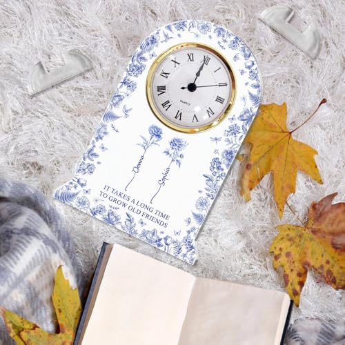 Personalized Floral Acrylic Desk Clock for Best Friends - Toile De Jouy Birth Month Flower Keepsake - Image 4