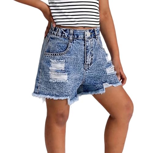 Shorts vaqueros de talle alto y corte bermuda desgastado para chicas adolescentes