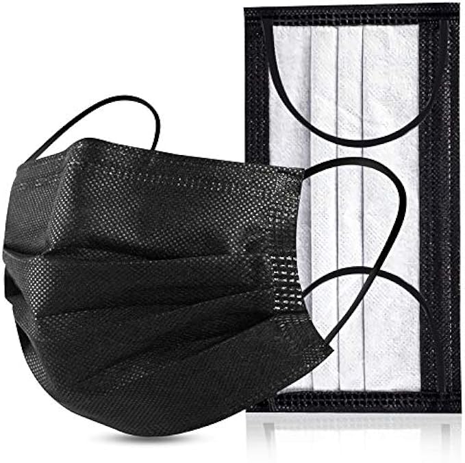 YJIAKA Black Disposable Face Masks 4 Layers Protection 50Pcs, Breathable Dust Mask Mouth Covers for Adult