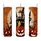 Halloween Evil Pumpkin Skinny Tumbler 30 Oz Stainless Steel Straight Travel Coffee Mug with Lid...