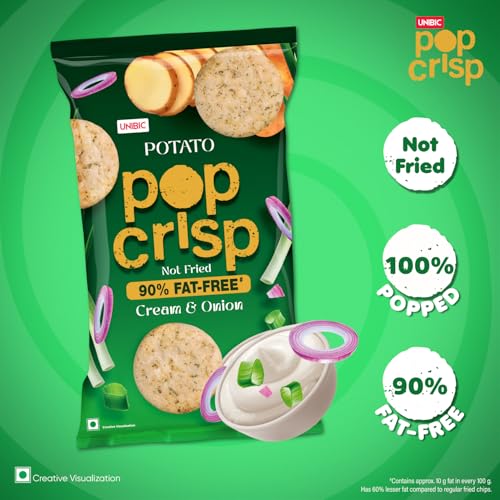 Image of UNIBIC Pop Crisp I Potato Chips I Cream & Onion I Popped Chips I Not Baked Not Fried |90% Fat Free | Low Calorie | Healthy Snacks I 40 Grams