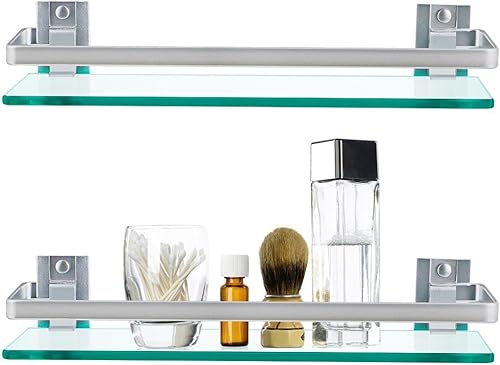 Miniatura 4 de Paquete de 2 estantes de baño de vidrio templado con riel, organizador de ducha rectangular de 15 x 4.5 pulgadas, soporte flotante montado en la