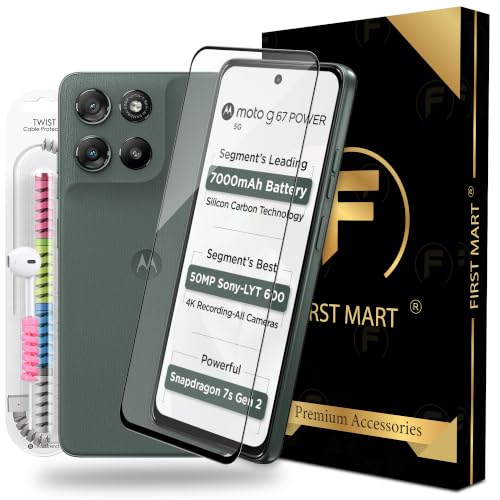 Image of FIRST MART Tempered Glass for Motorola G67 Power and Moto G57 Power, 9H 0.3 mm Full-Glue Screen Protector with Cable Protector, 3D Edge-to-Edge, HD Clear, Case-Friendly, Black, Pack of 1