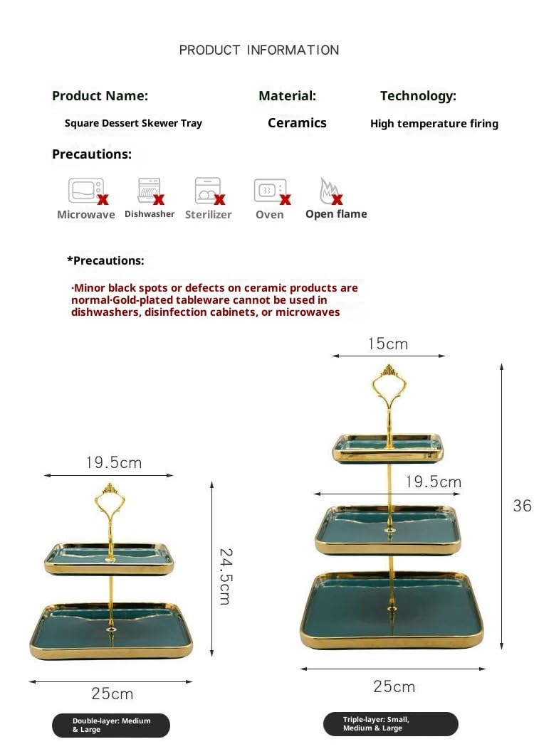Stojak na ciastka do podwieczorku, Ceramiczna kwadratowa patera na ciasto, wielokolorowa, 2-poziomowa/3-poziomowa(Green 3 Tiers)