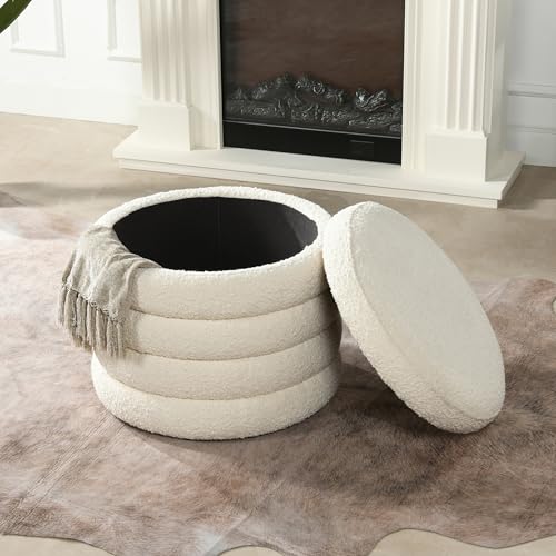 19 Inch Round Storage Ottoman Pouf, Oversized Upholstered Footrest with Hidden Storage, Bouclé Fabric, Modern Living Room Accent Seat (White) - Image 3