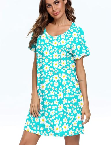 Image of ENJOYNIGHT Womens Cotton Nightgown Short Sleeve Sleepshirt Print Nightshirt | Short-Sleeve Crew Neck, Soft Cotton Fabric, Cartoon Printed Sleep Shirt, Loose Fit