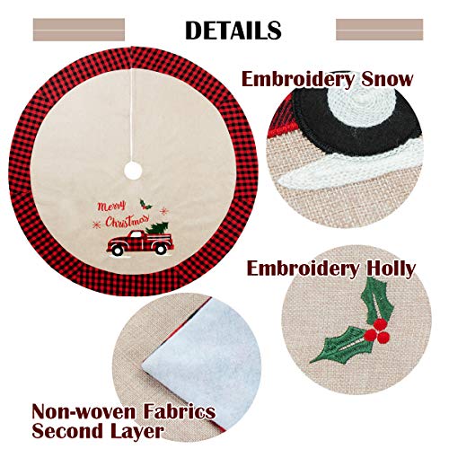 GMOEGEFT Christmas Tree Skirt Burlap with Buffalo Check Trim Rustic Truck and Tree Applique Xmas Home Decoration Ornaments (32 Inches) - Thumbnail 4