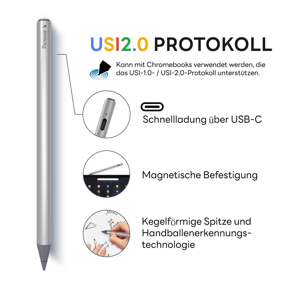 Penoval USI 2.0 Eingabestift für Chromebook, Lenovo, ASUS, HP, Pixel Tablet | 4096 Druckstufen, präzises Schreibgefühl, aktiver digitaler Eingabestift für Touchscreen-Laptops mit schneller Reaktionszeit